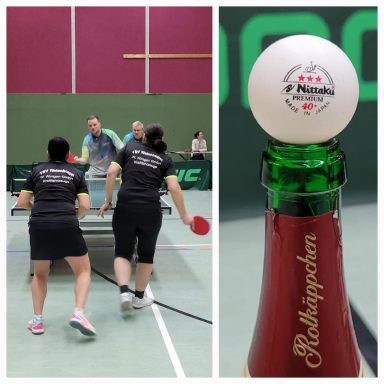 Tischtennisspieler in Aktion, mit einem Tischtennisball und einer Flasche im Vordergrund.